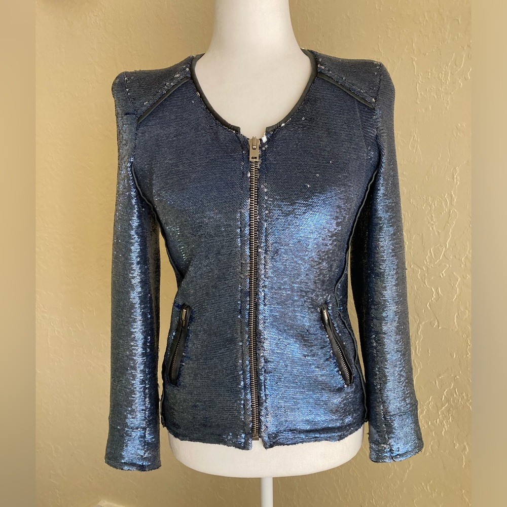 Iro Sequin Dylan Moto Jacket Size Xs Blue Sparkle… - image 2